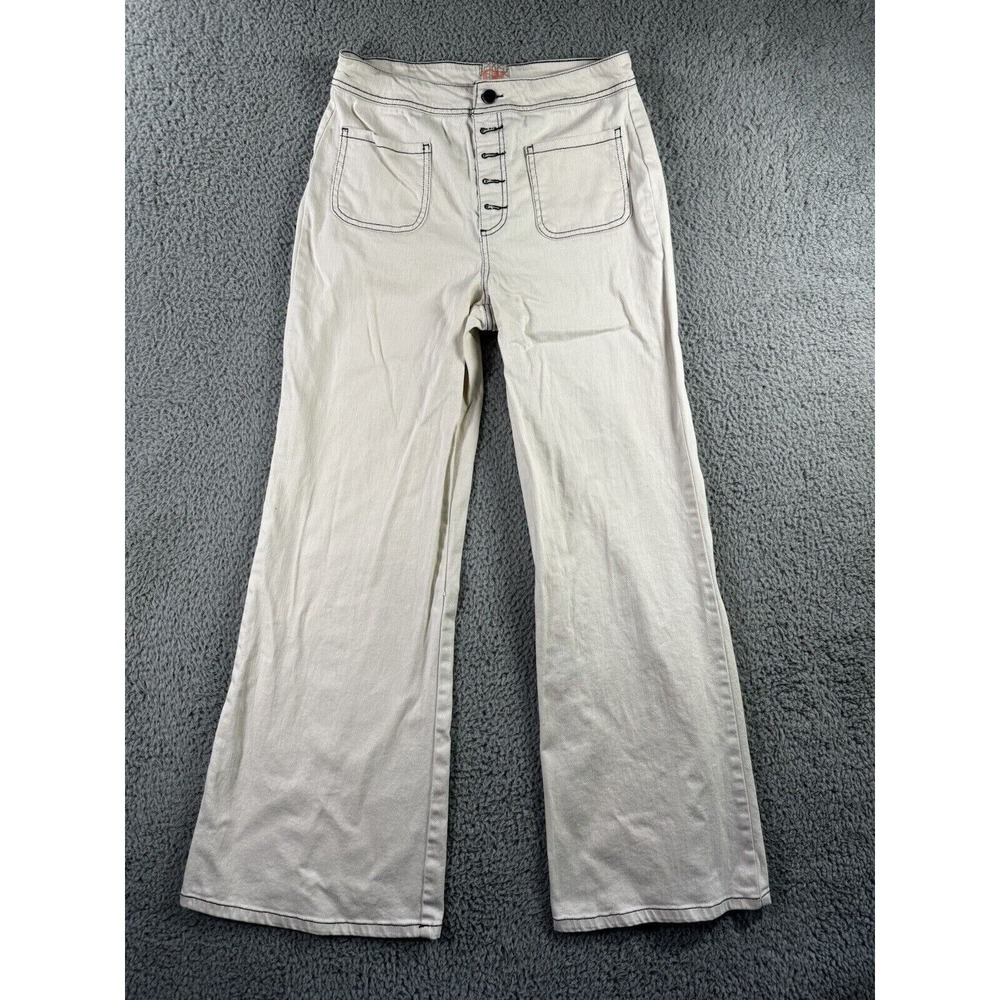 GB Contrast Stitch Wide Leg Button Fly Pants Womens 7 Off-White High Rise Retro